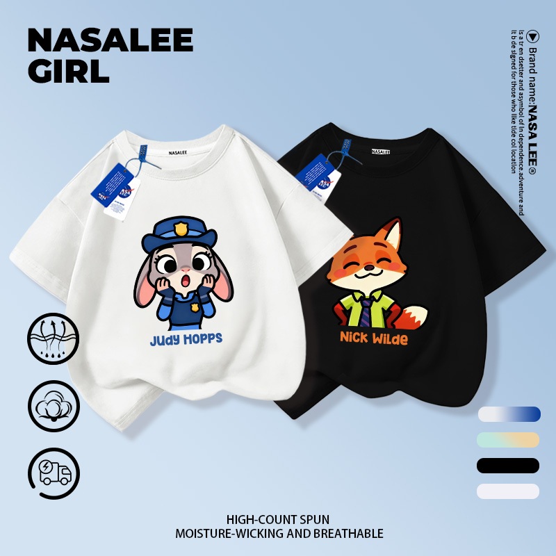 【จัดส่งทันทีวันเดียวกัน】เสื้อคอกลมแขนสั้น NASA สำหรับเด็ก สีขาว ทำจากผ้าฝ้ายระบายอากาศดี ลวดลายจูดี้กับนิค (จากภาพยนตร์ Zootopia) เหมาะสำหรับเด็กอายุ 3-16 ปี (ทั้งเด็กชายและเด็กหญิง)