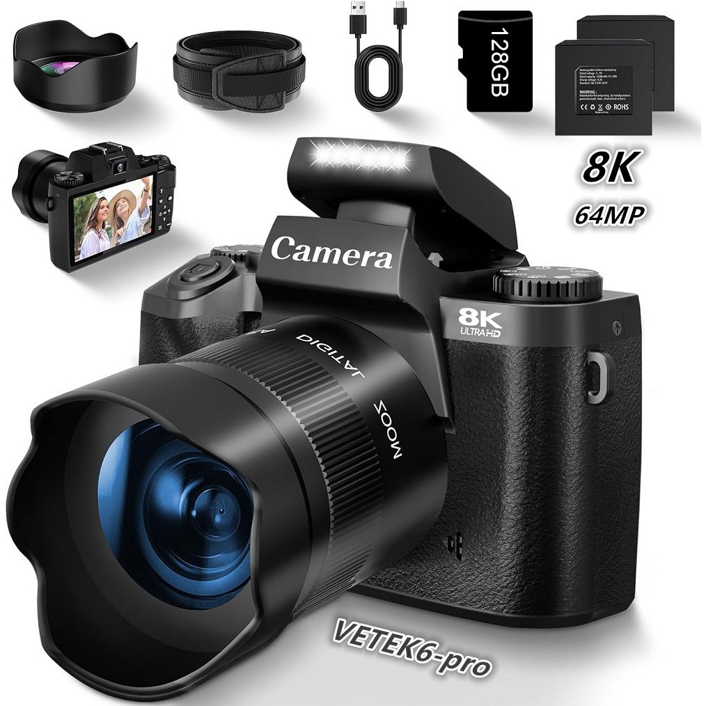 VETEK6-Pro fessional 8K กล้องดิจิตอลออโต้โฟกัส, หน้าจอสัมผัส WiFi 16X กล้องดิจิตอลซูมเลนส์คู่, ฝาครอบเลนส์, แฟลช