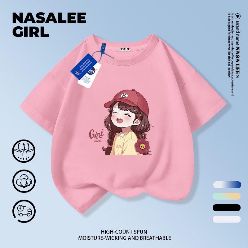 【จัดส่งวันเดียว】NASA เสื้อคอกลมแขนสั้นสีชมพูสำหรับเด็ก เนื้อผ้าคอตตอนระบายอากาศดี ลวดลายเด็กผู้หญิงใส่หมวก เหมาะสำหรับอายุ 3-16 ปี (ทั้งเด็กชายและเด็กหญิง)