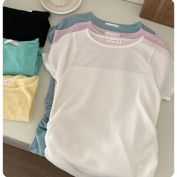 72475 Mint Green Candy Color Slim-fit เสื ้ อยืดแขนสั ้ นถักบาง