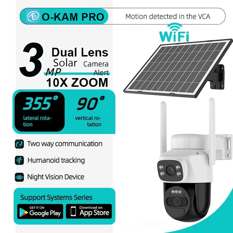 O-KAM PRO 3MP Dual เลนส์กล้องวงจรปิดพลังงานแสงอาทิตย์กลางแจ้งพร้อม Wifi 2.4/5g Dual Band ไร้สายกันน้