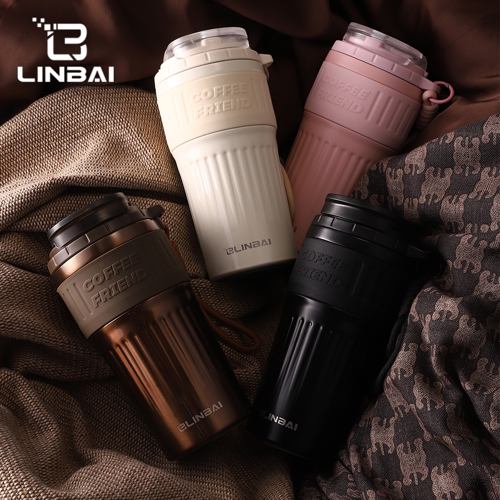 LINBAI กระติกน้ํา 650ML ฉนวน Tumbler พร้อมฟางเซรามิคด้านใน + 304 ขวดน้ําสแตนเลส Double Wall Leakproof แก้ว