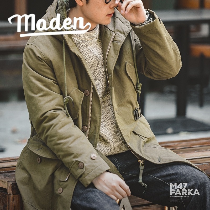 MADEN ยี่ห้อ 2025 Retro M47 Parka ผู้ชาย Hooded กลางความยาวผ้าฝ้ายเบาะ Jacket Heavyweight หนา Warm C
