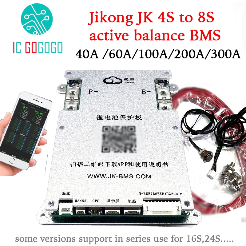 Jikong บอร์ดป้องกันแบตเตอรี่ลิเธียม 4S 8S 200A Active Balance 2A Smart BMS 100A 200A 300A RS485 บลูทูธ APP Lifepo4 li-ion 24V 12V