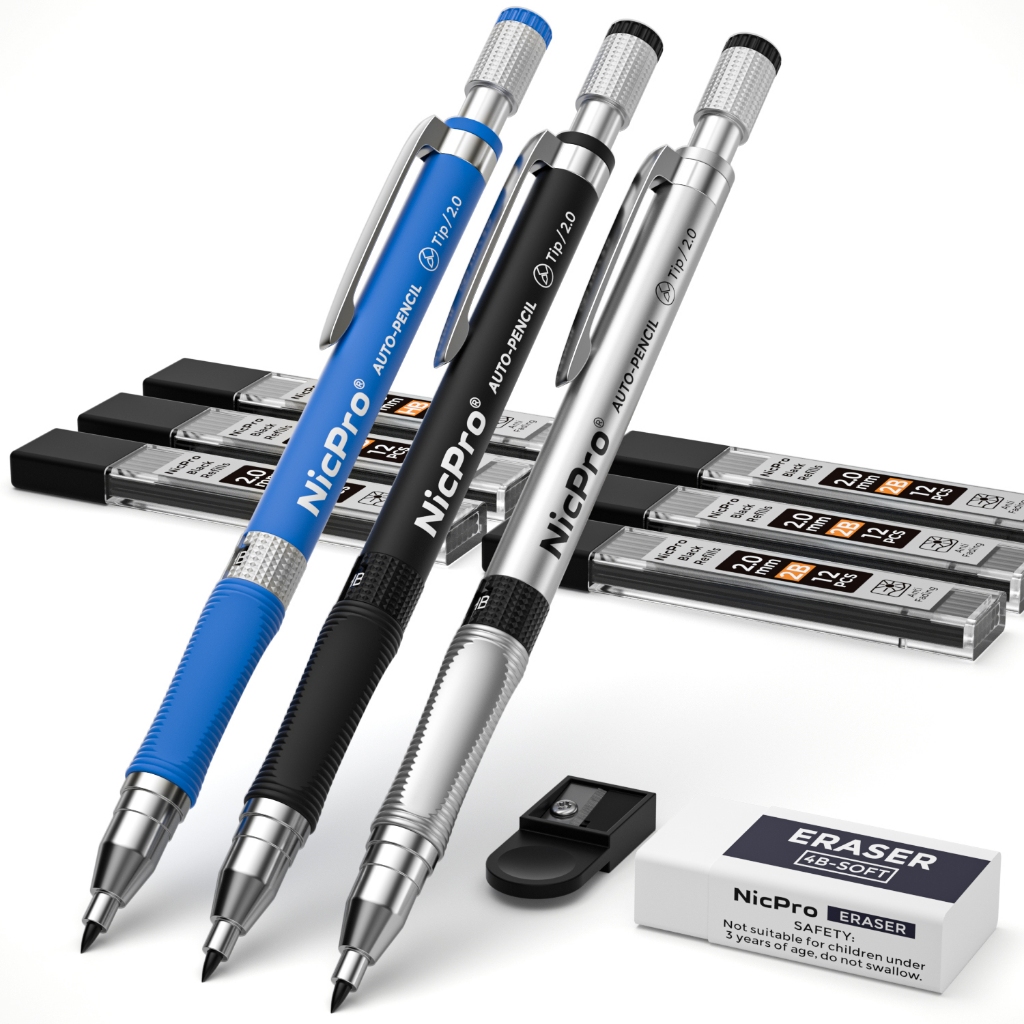 Nicpro 29 ชิ้น 2 มม.ชุดดินสอ, 9 ชิ้นร่างช่างไม้ดินสอ 2.0 มม.สําหรับ Art Drawing Sketching ก่อสร้าง 192 ตะกั่วเติม Pre-Sharpen HB & 2B และสี