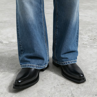 รองเท้าบูทเชลซีหนังสีดําสําหรับผู้ชาย-สไตล์ย้อนยุคส้นก้อนสวม…