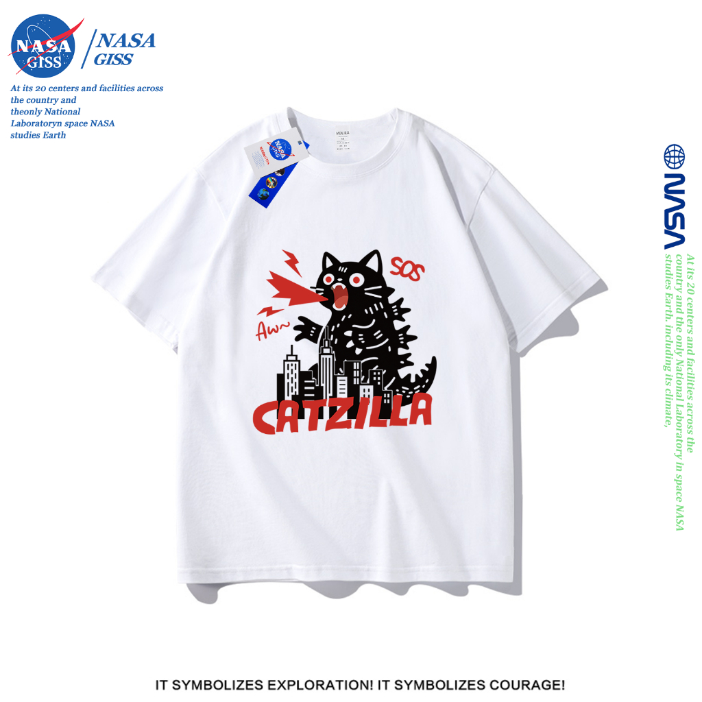NASA เสื้อยืดชายหญิงแขนสั้น สไตล์ลำลอง summer Catzilla พิมพ์ลาย คอตตอน คอกลม หลวมและระบายอากาศ