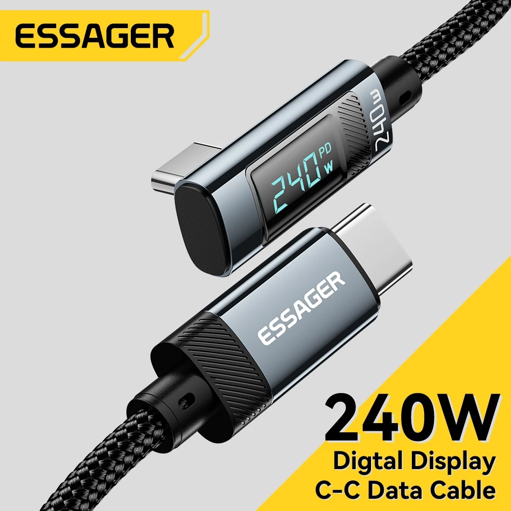 ESSAGER 240W สายเคเบิลข้อมูลดิจิตอล Type-C ข้อศอก 5A Fast สายชาร์จ 24 ถัก PP เส้นด้ายถักทนต่อการสึกหรอ Tensile Real-Time Display Power เหมาะสําหรับแล็ปท็อป