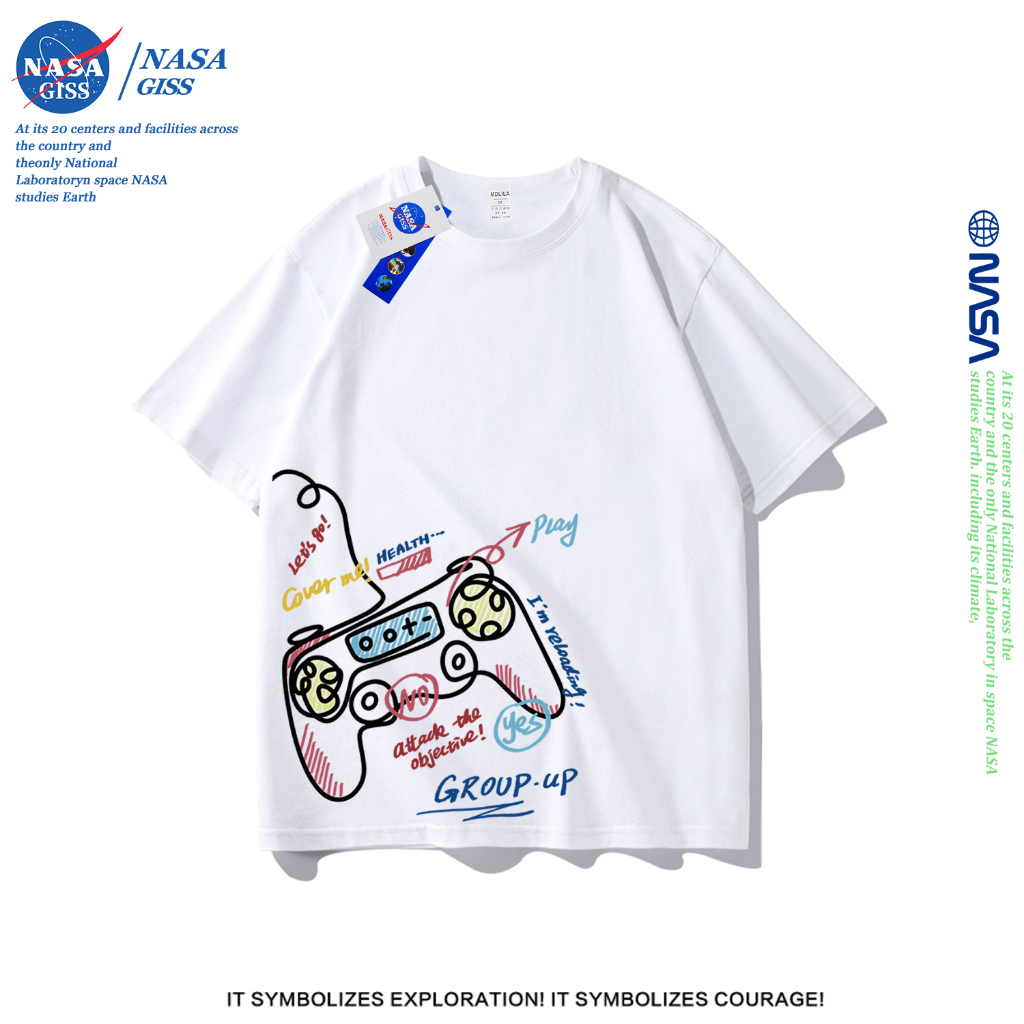 NASA เสื้อยืดชายหญิงแขนสั้น สตรีทฮิปฮอป summer ตัวควบคุมเกม พิมพ์ลาย คอตตอน คอกลม หลวมและระบายอากาศ