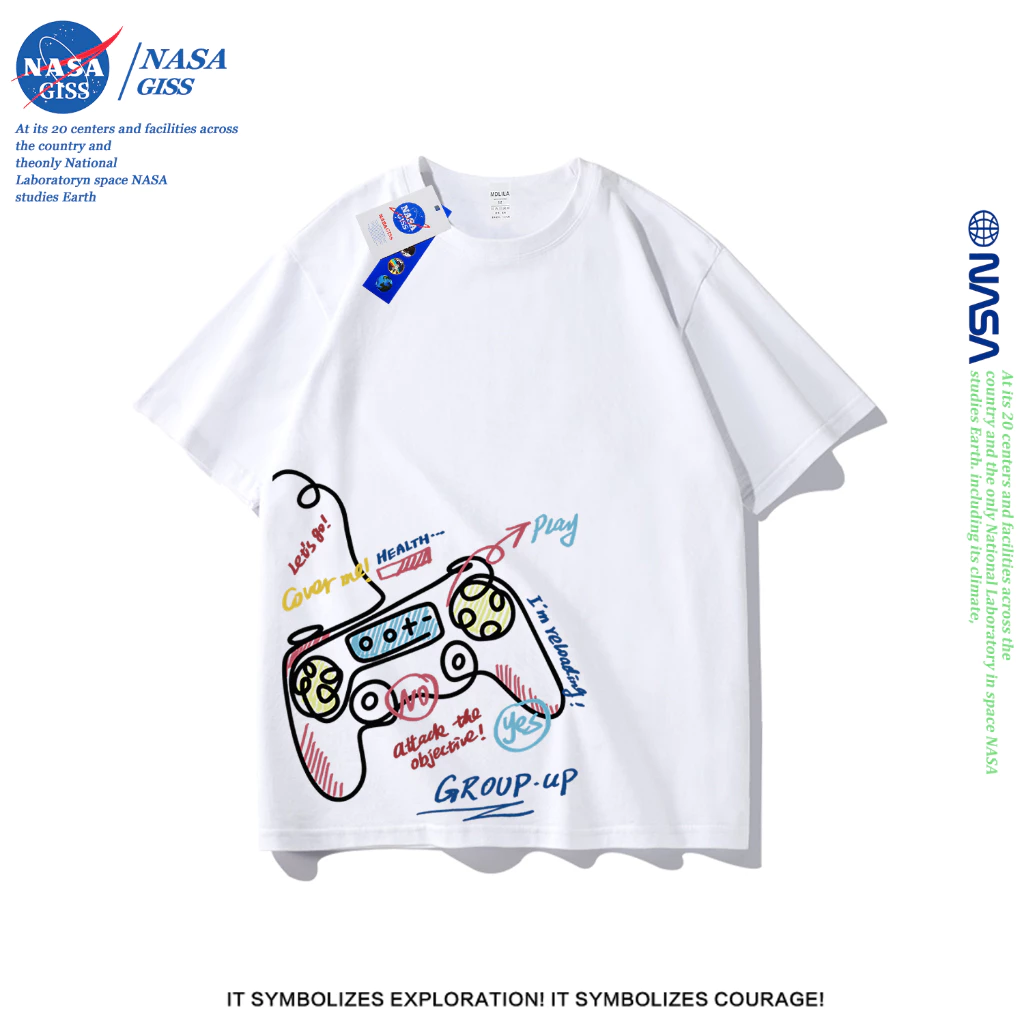 NASA เสื้อยืดชายหญิงแขนสั้น สตรีทฮิปฮอป summer ตัวควบคุมเกม พิมพ์ลาย คอตตอน คอกลม หลวมและระบายอากาศ