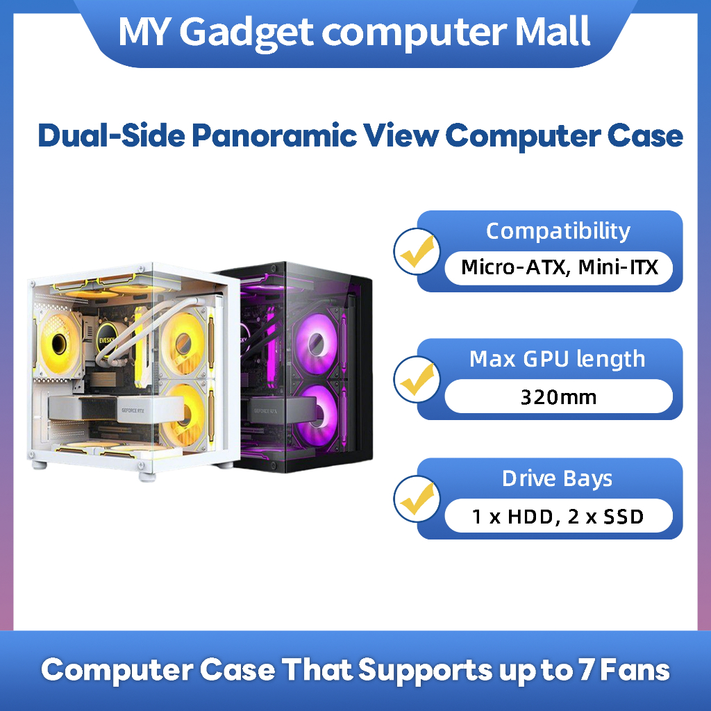 พร้อมสต็อก [AT] 270 องศาโปร่งใส PC แก้วกรณีคอมพิวเตอร์เดสก์ท็อปเหมาะสําหรับ M-ATX/ITX เมนบอร์ด SSD 7 Air Cooling พัดลม 320 มม.กราฟิกการ์ด