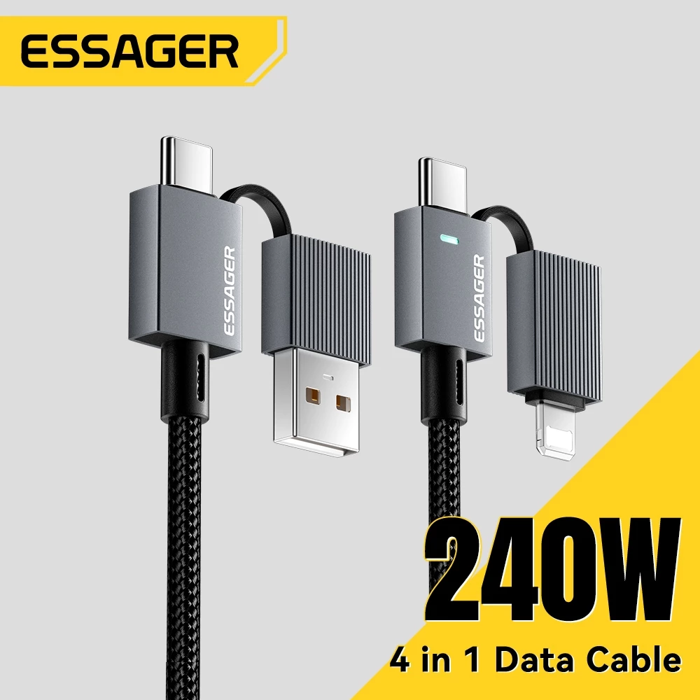 ESSAGER 240W Four in One Data Cable พร้อมชิป E-Marker ในตัวสําหรับปลอดภัยและรวดเร็วชาร์จโดยไม่ต้องเขื่อนอุปกรณ์
