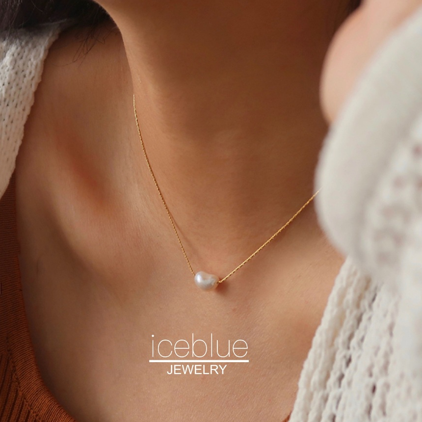 【iceblue】สร้อยคอห้อยจี้มุกบาโรกน้ำจืดแท้รูปทรงธรรมชาติ ชุบทอง18K ไม่หมอง ไม่เป็นสนิม สแตนเลสเกรด316L