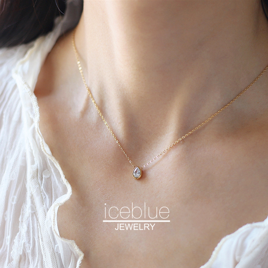 Iceblue-Water Drop สร้อยคอจี้เพชรเดี่ยวโซ่ทอง 18K ชุบทอง Non Tarnish เครื่องประดับเหล็กไทเทเนียมสําหรับผู้หญิง N115