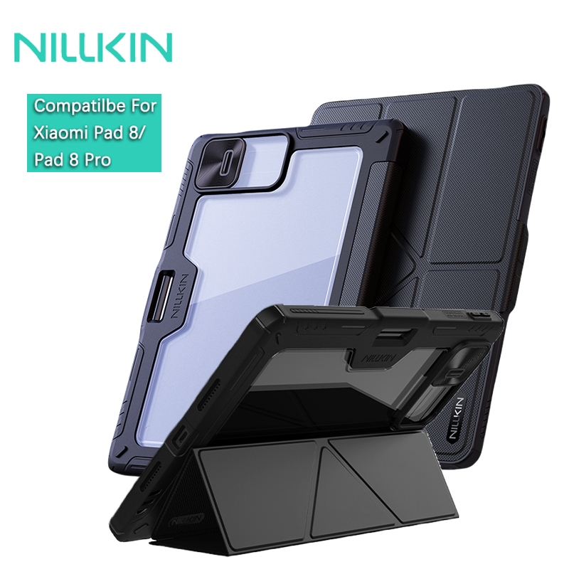 Nillkin สําหรับ Xiaomi Pad 7 Pro/Pad 8 กันชนหลายมุมพับหนัง PU สมาร์ทฝาครอบกล้องป้องกันเลนส์สไลด์เลื่อนกรณีปลอกเชลล์พร้อมที่ใส่ดินสอ