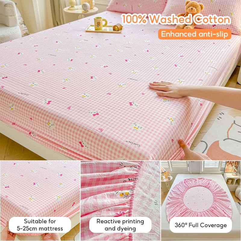ผ้าปูที่นอน ผ้าฝ้ายซักแล้ว ลายดอกไม้/การ์ตูน 6.5ฟุต 6ฟุต 5ฟุต 3ฟุต รัดมุม360° ระบายอากาศ bedsheet fitted sheet床笠 - รูปที่ 4