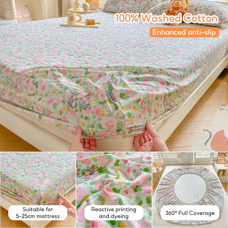 ผ้าปูที่นอน ผ้าฝ้ายซักแล้ว ลายดอกไม้/การ์ตูน 6.5ฟุต 6ฟุต 5ฟุต 3ฟุต รัดมุม360° ระบายอากาศ bedsheet fitted sheet床笠 - รูปที่ 5
