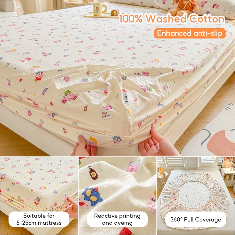 ผ้าปูที่นอน ผ้าฝ้ายซักแล้ว ลายดอกไม้/การ์ตูน 6.5ฟุต 6ฟุต 5ฟุต 3ฟุต รัดมุม360° ระบายอากาศ bedsheet fitted sheet床笠 - รูปที่ 6