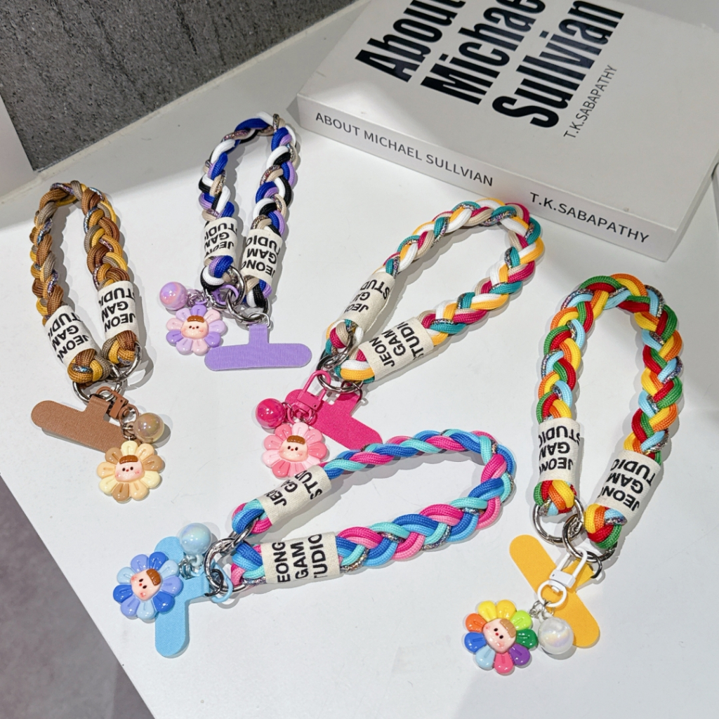สายรัดข้อมือโทรศัพท์ เชือกถักเชือกเส้นเล็กสั้น แข็งแรง และทนทาน สําหรับทั้งชายและหญิงพร้อมจี้ดอกทานตะวันน่ารัก