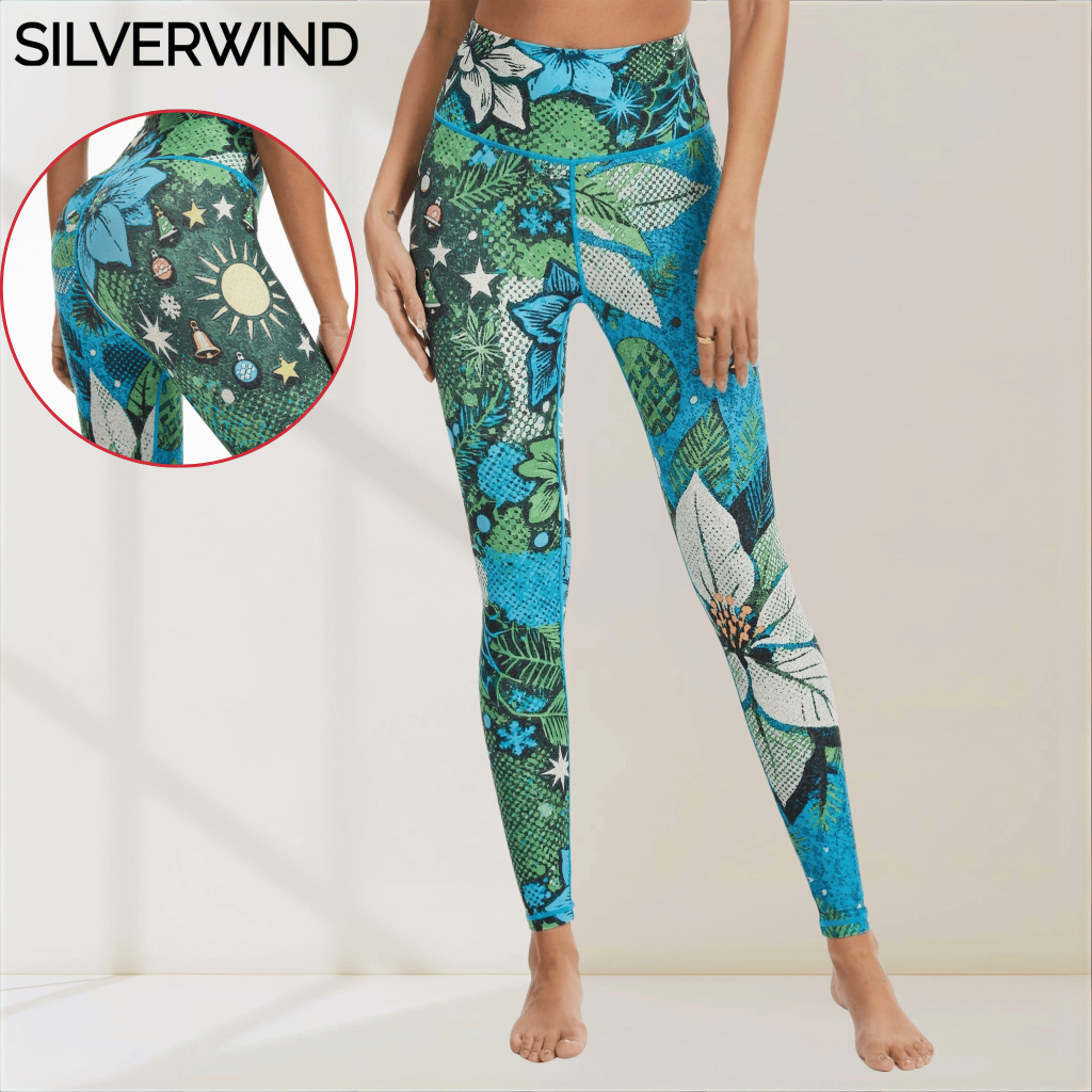 SILVERWIND เลกกิ้งเอวสูงลายดอกไม้สำหรับวันหยุด นุ่มและยืดได้ สบายขณะทำโยคะ พิลาทิส และฟิตเนส ควบคุมพุงได้ดี
