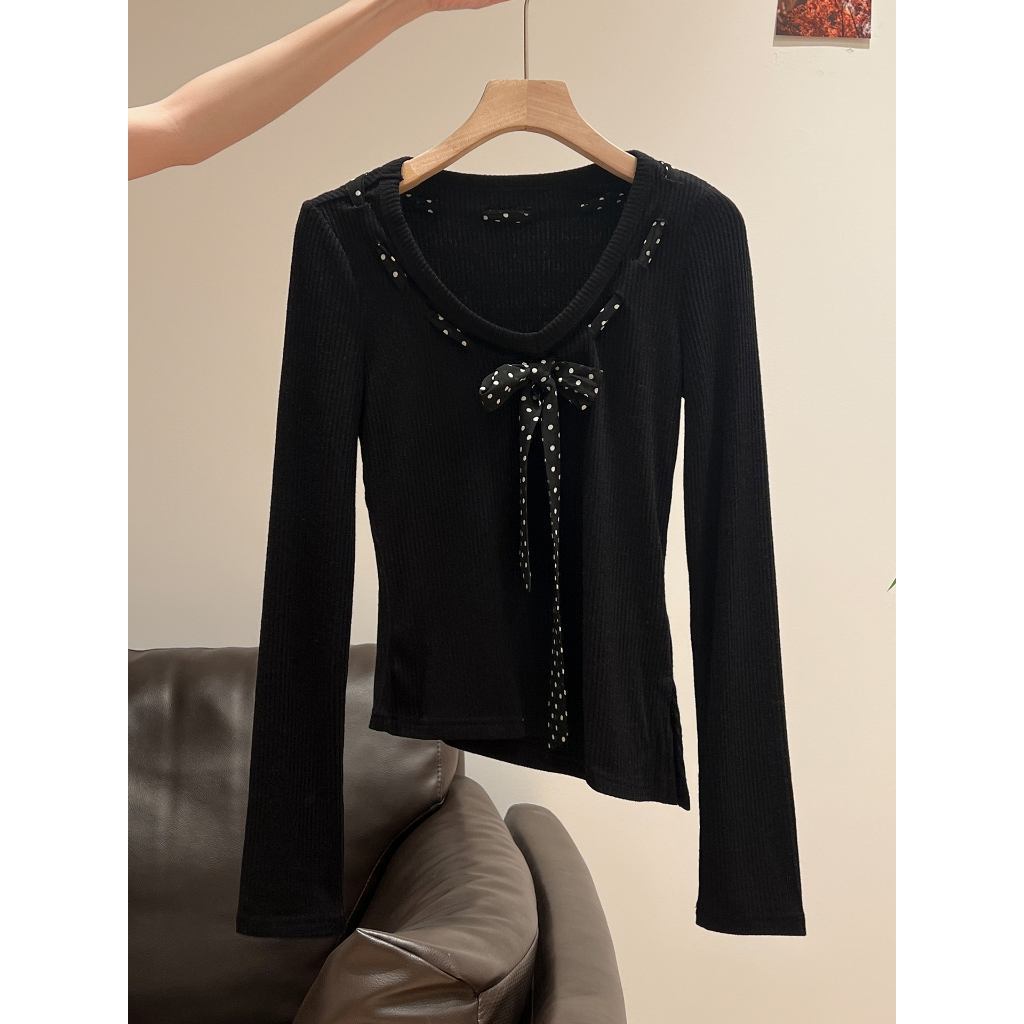 97111 เสื้อยืดแขนยาวริบบิ้นผูกโบว์ลายจุด