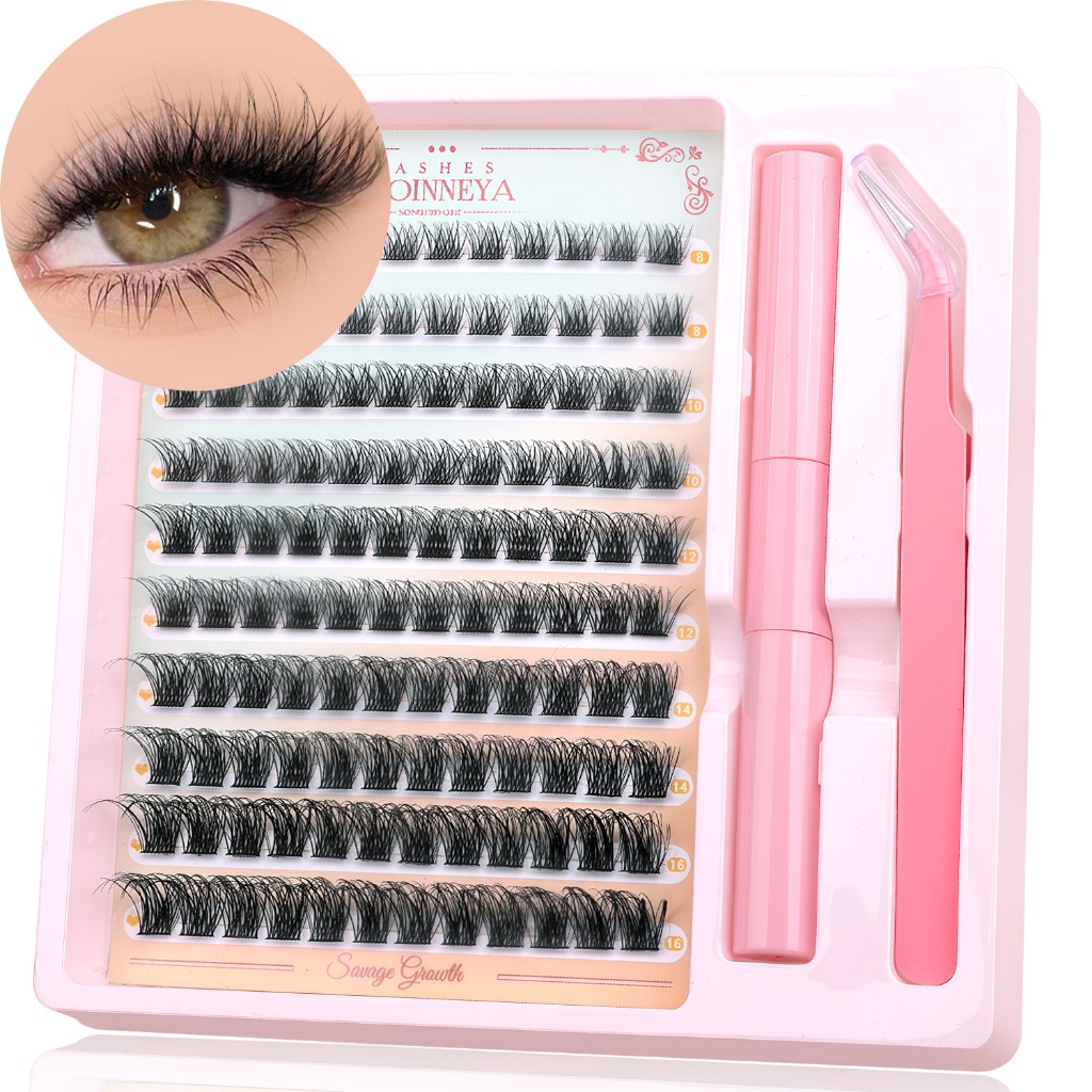 GROINNEYA ธรรมชาติ C-Curl Eyelash Cat Eye Cluster Lash Extension Kit พร้อม Lash Bond และทวีตเตอร์ซีล