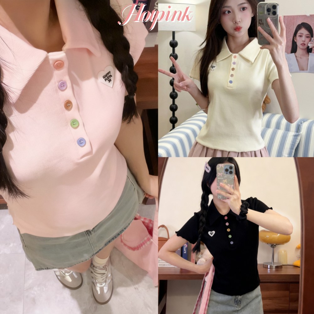 Hotpink ส่งจาก Bangkok เสื้อยืดคอโปโลแขนสั้นติดกระดุมสีสันสดใส เสื้อตัวสั้นทรงเข้ารูปสไตล์เกาหลีสำหรับผู้หญิง ดีไซน์เปิดไหล่ – โปรปัง