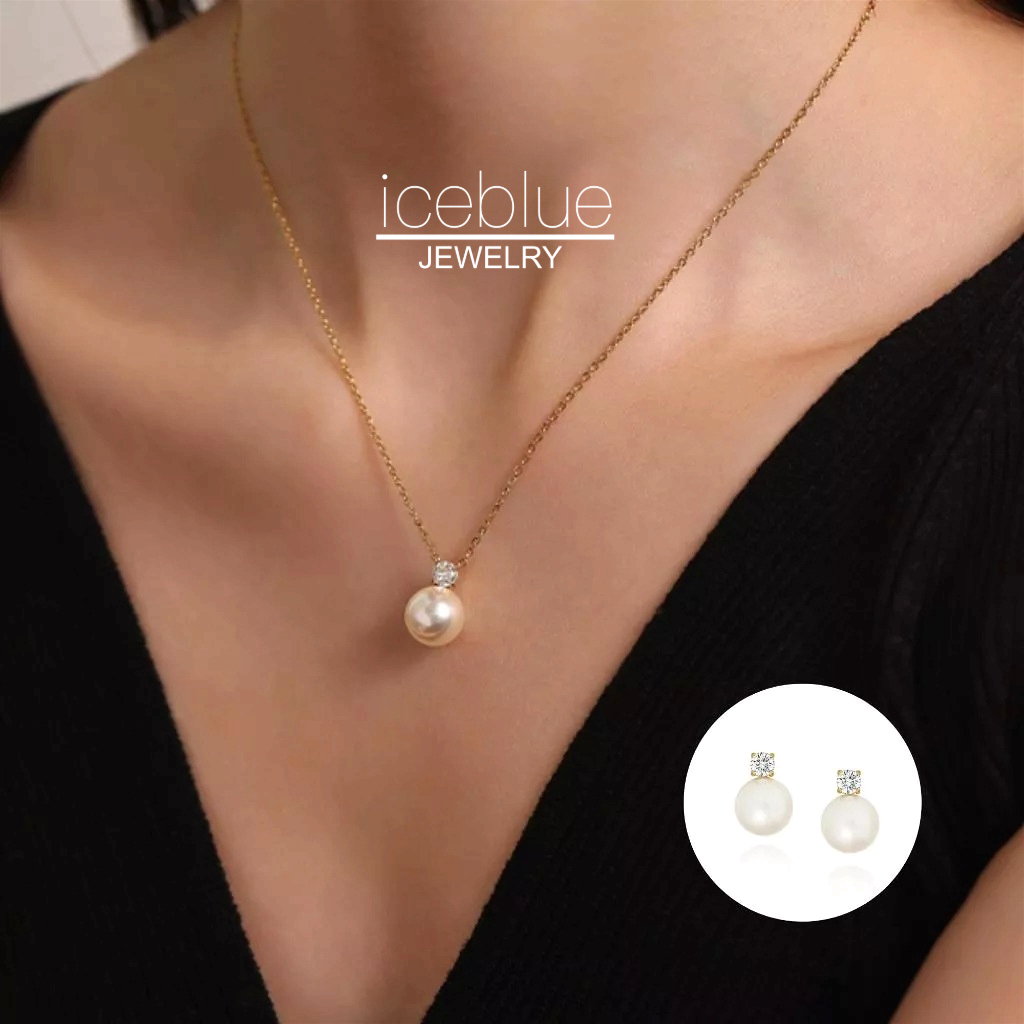 Iceblue-Delicate Pearl Zircon จี้สร้อยคอ Hypoallergenic 18K Gold Plated กันน้ํา Non Tarnish เงิน 316L สแตนเลสไทเทเนียมเหล็กสร้อยคอผู้หญิง N50