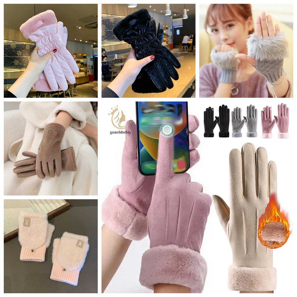 [GOOY] ฤดูใบไม้ร่วงฤดูหนาวที่อบอุ่นถุงมือหนังนิ่มบวกกํามะหยี่หนาตุ๊กตาตกแต่งถุงมือข้อมือกลางแจ้ง Coldproof หน้าจอสัมผัสขี่ถุงมือสกี TH