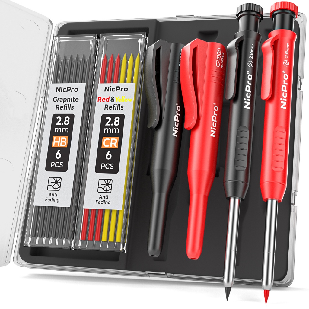 Nicpro 2 ชิ้นชุดดินสอช่างไม้,ชุดดินสอกดพร้อม 2.8 มม.มาพร้อมกับหมวกป้องกันดินสอใช้สําหรับเครื่องหมายหลุมลึกก่อสร้างหนักงานไม้ดินสอ