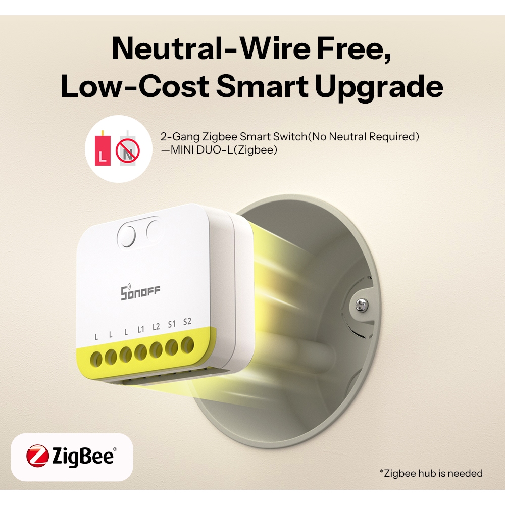 SONOFF MINI-ZB2GS-L Zigbee Protocol ไม่ต้องใช้ Neutral MINI DUO-L 2-Gang Zigbee สมาร์ทสวิทช์ Dual Channel อัจฉริยะอัพเกรดควบคุมด้วย Zigbee Hubs