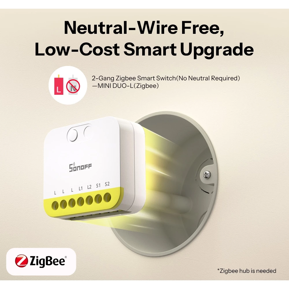 SONOFF MINI-ZB2GS-L Zigbee Protocol ไม่ต้องใช้ Neutral MINI DUO-L 2-Gang Zigbee สมาร์ทสวิทช์ Dual Channel อัจฉริยะอัพเกรดควบคุมด้วย Zigbee Hubs