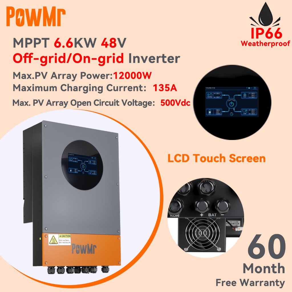(ใหม่) PowMr 6.6KW Hybrid Solar Inverter 48V IP66 230Vac PV แรงดันไฟฟ้าเริ่มต้น 120Voc ในตัว 135A MP