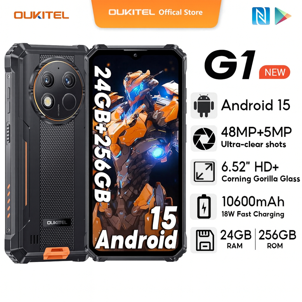 [สต็อกท้องถิ่น] OUKITEL G1 สงกรานต์มือถือ Android 15 24GB+256GB 10600mAh 18W Fast charge มือถือ 6.52 นิ้ว HD+ 48MP+5MP+2MP IP68 IP69K Handphone