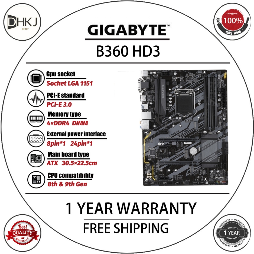 Usd GIGABYTE B360 HD3 เมนบอร์ด LGA1151 DDR4 64GB B360 ใช้เดสก์ท็อปเมนบอร์ดทดสอบ 100% รองรับโปรเซสเซอ