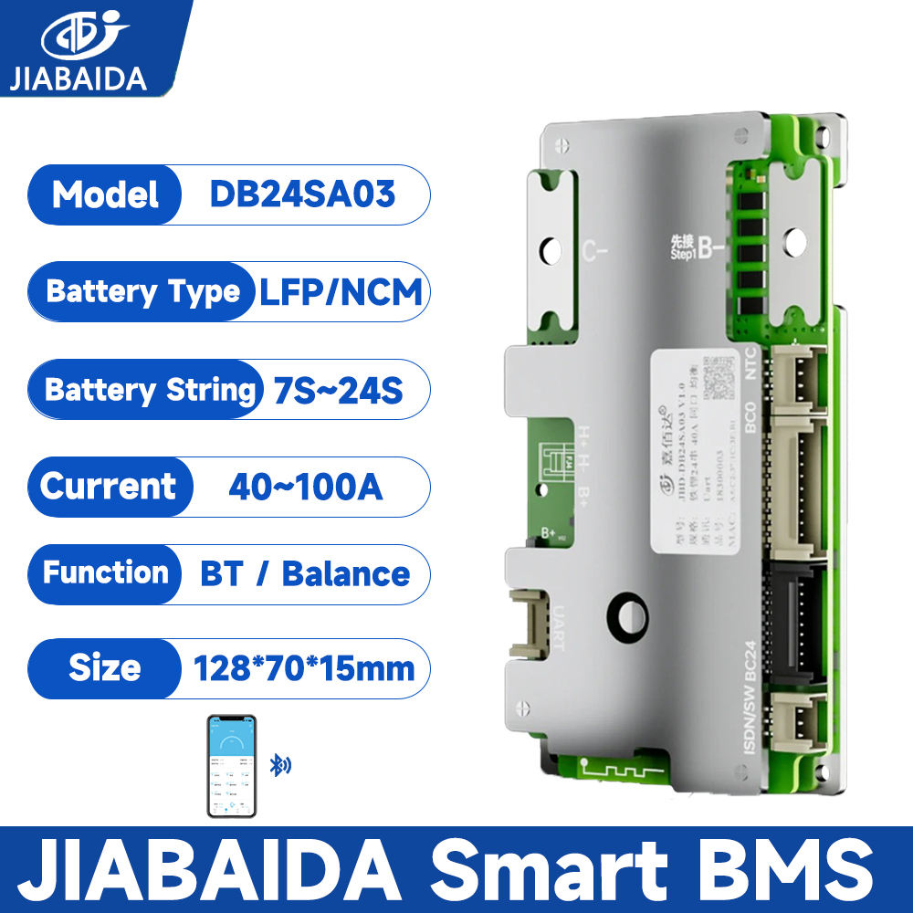 JIABAIDA สมาร์ท BMS LiFePO4 7S-24S 8S 12S 13S 16S 20S 21S 40A 80A 50A 60A JBD Balance BT สําหรับ E-bike
