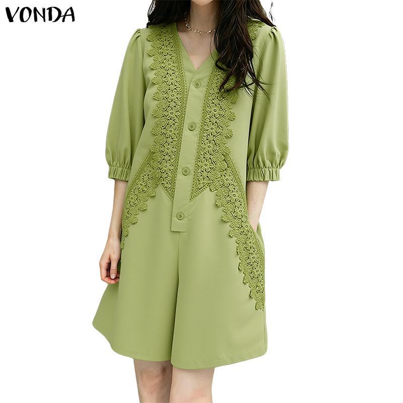 VONDA ผู้หญิงเกาหลีสไตล์หรูหรา V คอลูกไม้ Patchwork Single-Breasted ขากว้างฤดูใบไม้ผลิ/ฤดู