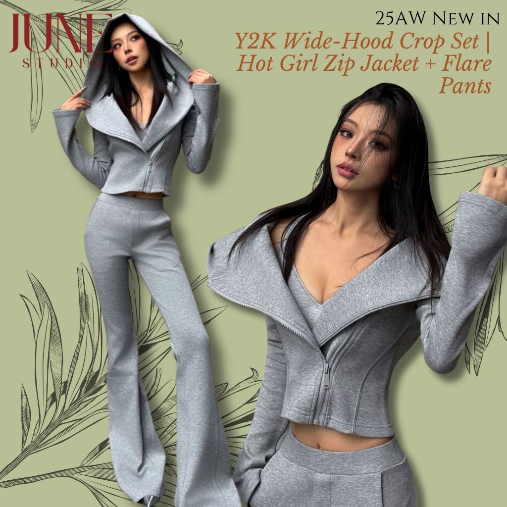 [June Studio] ชุดกันหนาวสองชิ้น สีเทา ฟิตพอดีตัว มีฮู้ดและกางเกงบานเล็กน้อย สไตล์กีฬาแบบคล่องตัว
