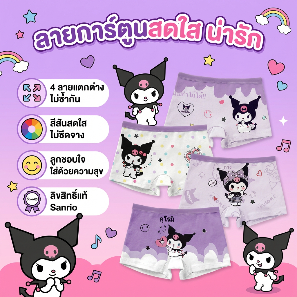 【4 ตัว】กางเกงในเด็ก Kuromi ผ้าฝ้ายออร์แกนิก ระบายอากาศดี ป้องกันผดผื่น สำหรับผิวแพ้ง่าย นุ่มสบาย ซักไม่ย้วย ไม่อับชื้น