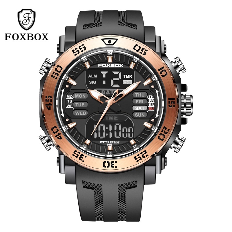 FOXBOX 0021 Sporty Outdoor Mens Dual Display Watch สายซิลิโคน Watedrproof Street แฟชั่นชายนาฬิกาของข