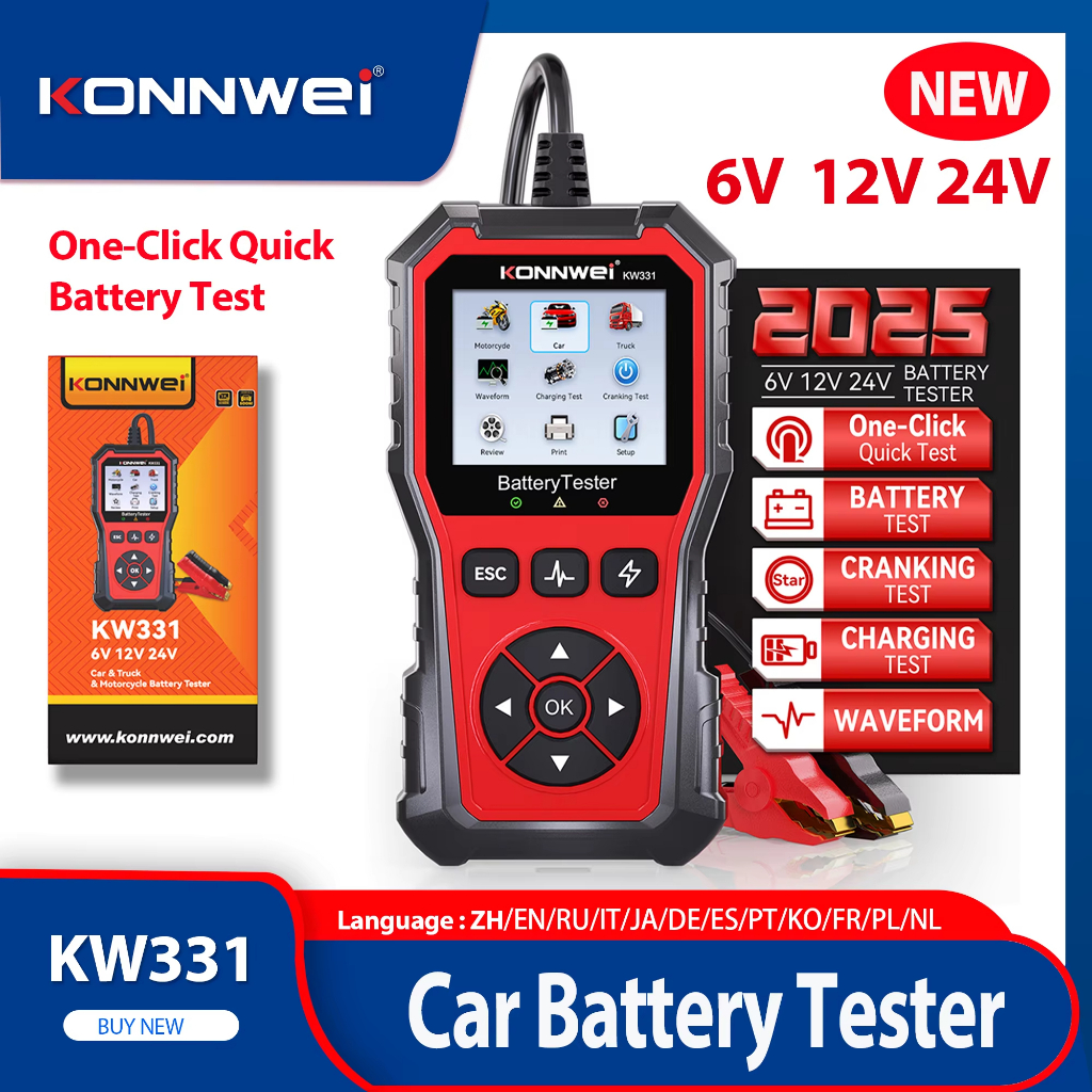 2025 ใหม่ KONNWEI Professional รถแบตเตอรี่ 6 V-12 V-24 V 100-2000 CCA Cranking ชาร์จ Circut เครื่องว