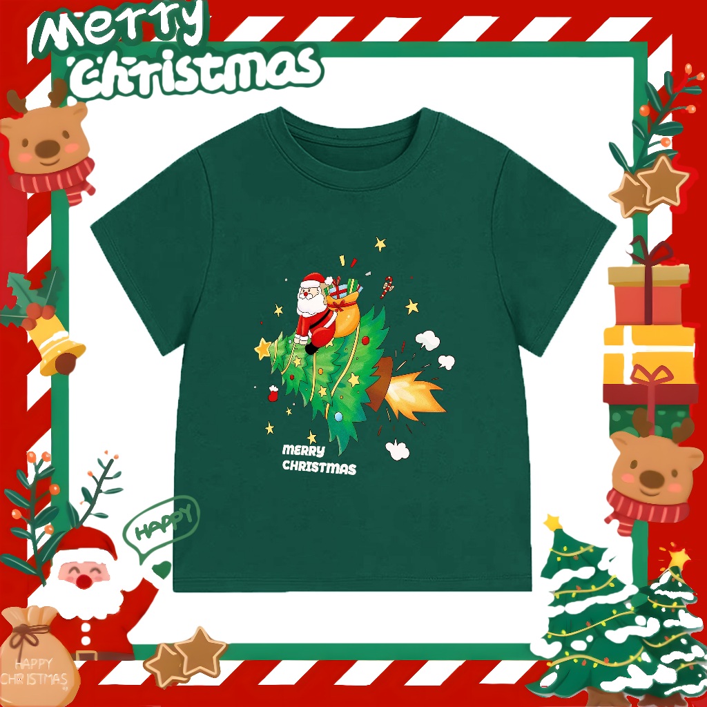 🎅เสื้อยืดคริสต์มาส🎅เสื้อยืดเด็กแขนสั้น สีแดง ชุดคริสต์มาสเด็ก cotton 100% นุ่มสบาย ลายการ์ตูนซานตาคล