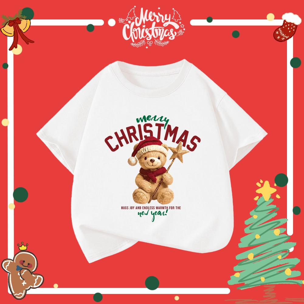 【เสื้อยืดคริสต์มาส】เสื้อยืดเด็ก ผ้าคอตตอน 100% สีแดง ลายคริสต์มาส ลายหมี ระบายอากาศดี เหมาะสำหรับเด็ก 1-12 ปี จัดส่งเร็ว