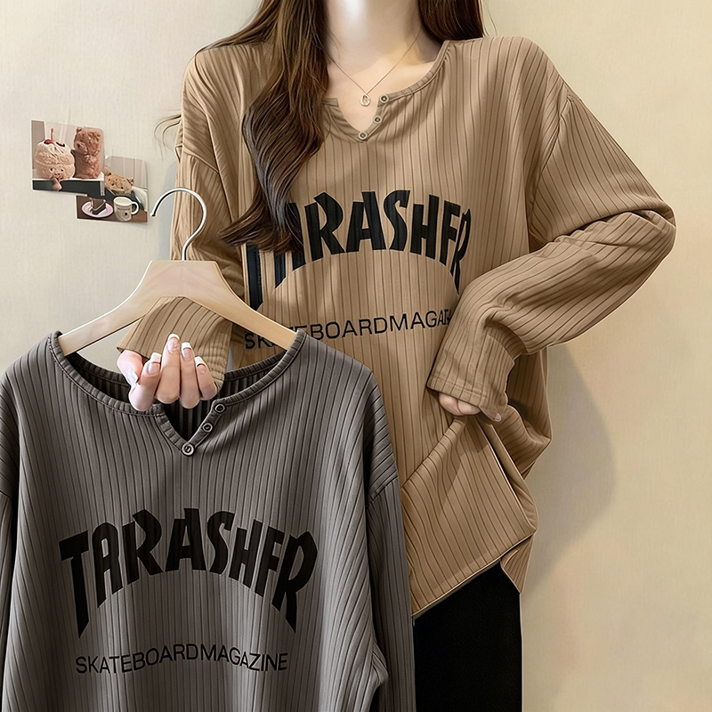 [เสื้อโอเวอร์ไซส์] (40-150กิโลกรัม) แขนยาวสไตล์เกาหลีตัวอักษรพิมพ์ขนาดบวกทีเสื้อเสื้อยืดบาง