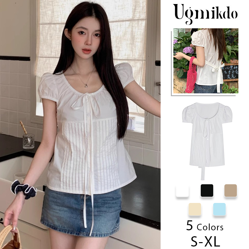 ผู้หญิง เสื้อแขนสั้น เสื้อเชิ้ต แขนพอง สไตล์เกาหลี สีทึบ พักผ่อน เสื้อ