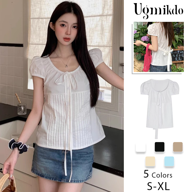 ผู้หญิง เสื้อแขนสั้น เสื้อเชิ้ต แขนพอง สไตล์เกาหลี สีทึบ พักผ่อน เสื้อ