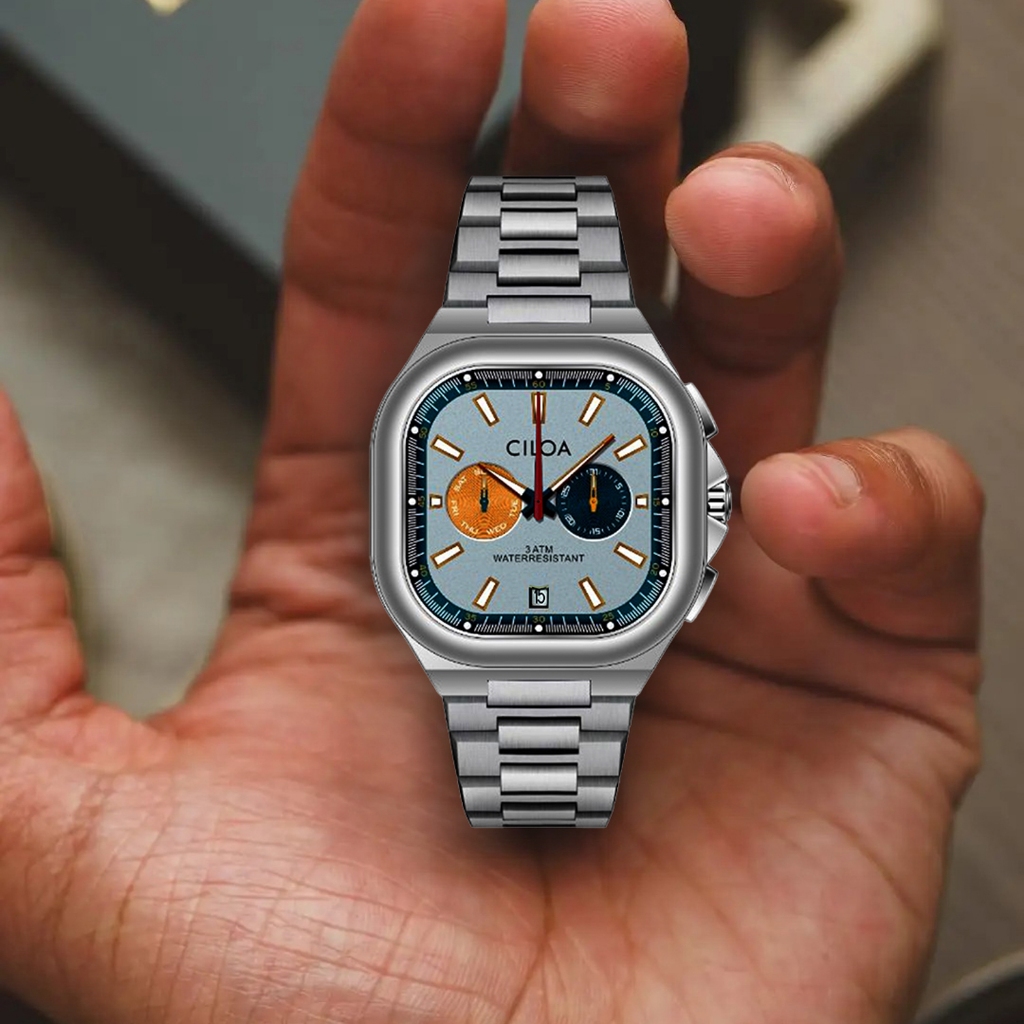 CILOA-Barrel-Shaped Double Disc นาฬิกาผู้ชายสายเหล็ก Chronograph นาฬิกาควอตซ์หรูหรา Retro Multicolor แนวโน้มธุรกิจนาฬิกา-535
