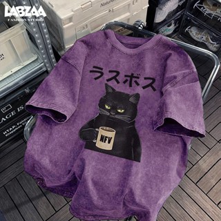 เสื้อยืดแขนสั้นคอกลม✨วินเทจฟอกน้ำ oversize ลายพิมพ์แมวน้อยสี…