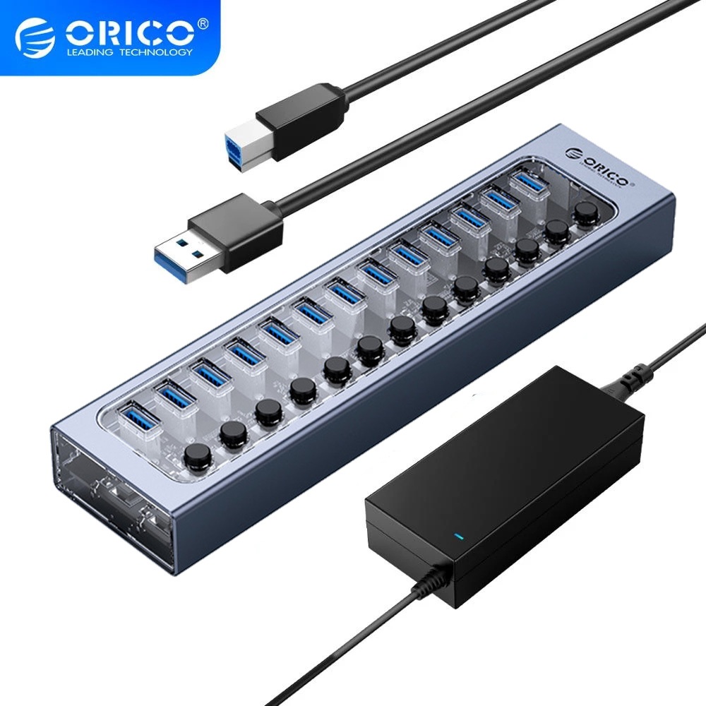 ORICO อุตสาหกรรม USB 3.0 HUB 7/10/13/16 พอร์ตสายยาวอลูมิเนียมโปร่งใส USB HUB 5Gbps อัตราเกียร์พร้อมสวิตช์เปิด/ปิด (AT2U3)