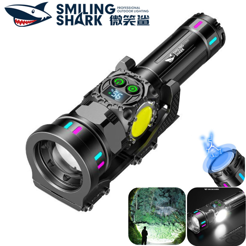SMILING SHARK ชาร์จไฟฉาย LED แม่เหล็กทํางานไฟฉาย COB ด้านข้างที่ถอดออกได้ 9 โหมด Type-c กันน้ํากลางแ